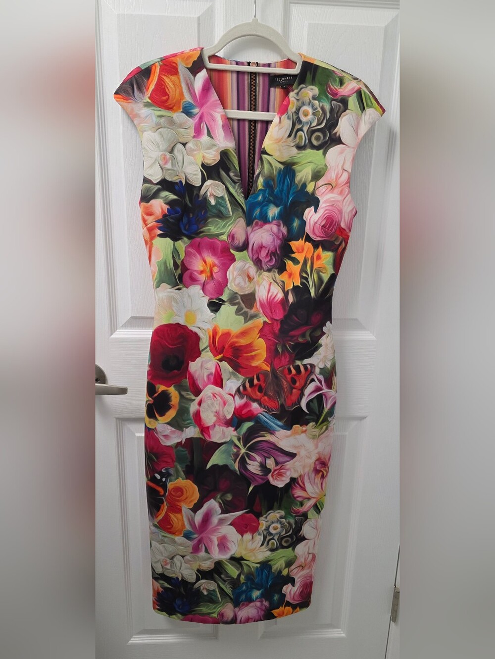 Ted Baker Floral Scuba Bodycon Midi Dress Size 3 Wedding Guest Date Night Spicy